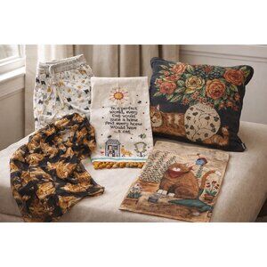 Cat Lover Cozy Home & Lounge Bundle Jogger Pants Scarf Pillow Cottage Decor